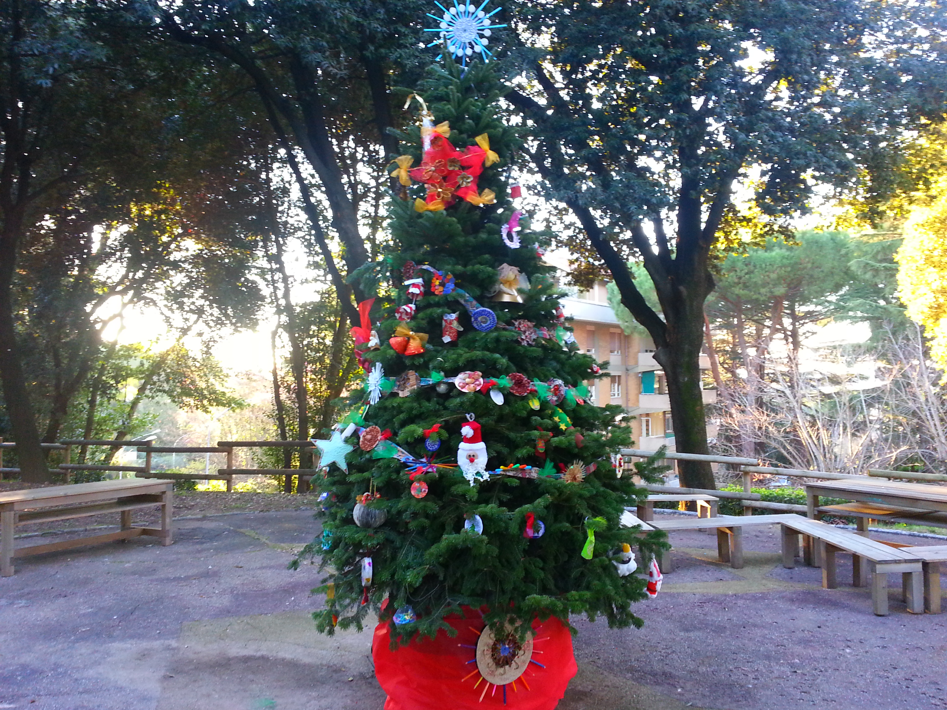L'albero di Natale decorato con gli addobbi del concorso Eco-Deco presso il Giardino Didattico di EUR SpA.
